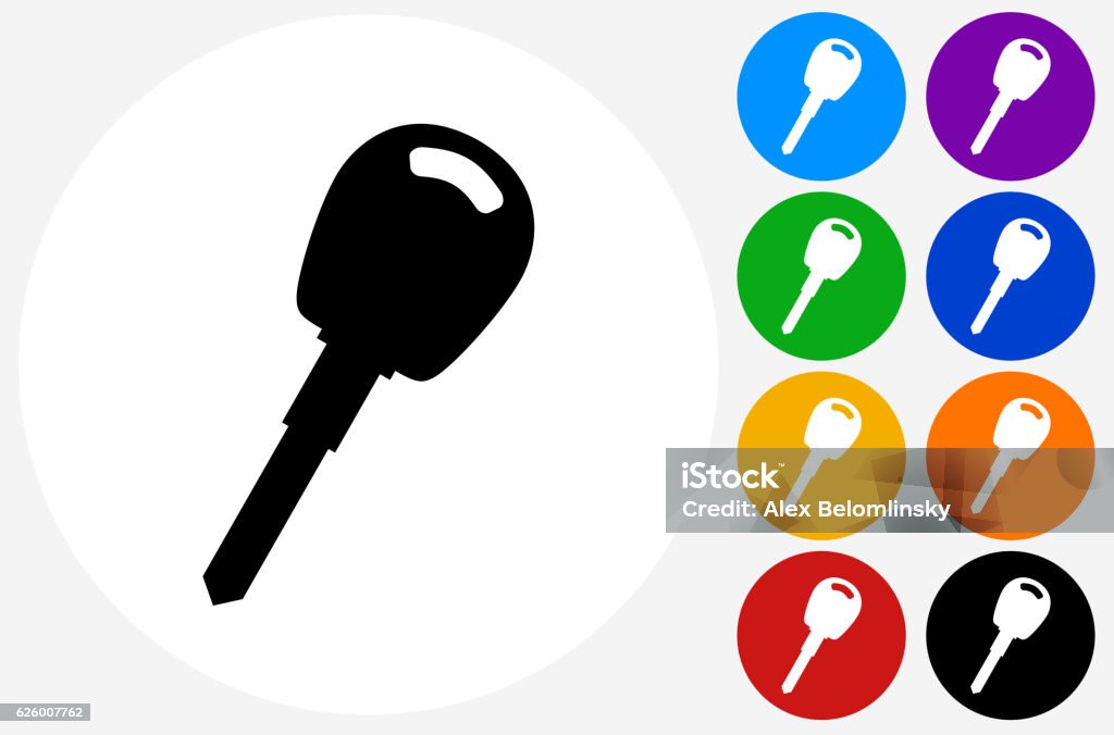 Car Keys Icon on Flat Color Circle Buttons Car Keys Icon on Flat Color Circle Buttons. This 100% royalty free vector illustration features the main icon pictured in black inside a white circle. The alternative color options in blue, green, yellow, red, purple, indigo, orange and black are on the right of the icon and are arranged in two vertical columns. Blue stock vector