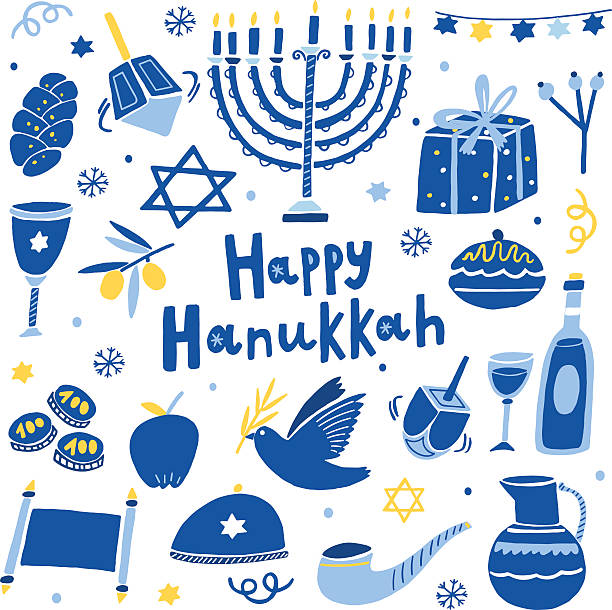 ilustraciones, imágenes clip art, dibujos animados e iconos de stock de vector feliz conjunto de iconos de hanukkah - hanukkah