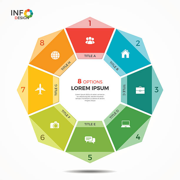 ilustraciones, imágenes clip art, dibujos animados e iconos de stock de plantilla de infografía colorida con 8 opciones de gráfico circular - octógono