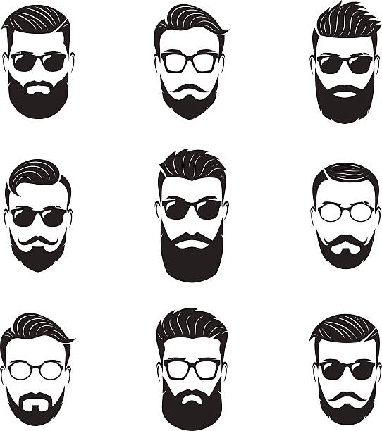 illustrazioni stock, clip art, cartoni animati e icone di tendenza di set di volti vettoriali da uomo barbuto, hipster con diverse acconciature - barba
