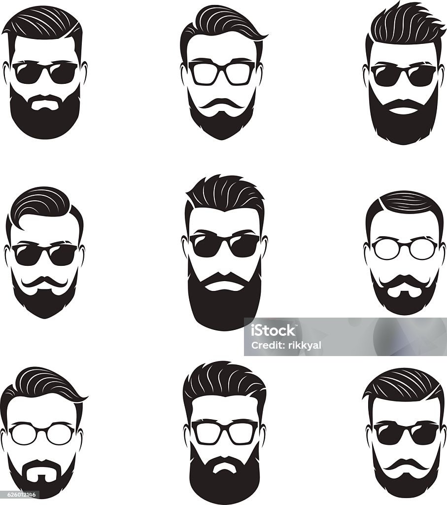 Set Of Vector Bearded Men Faces Hipsters With Different Hairstyles Stock  Illustration - Download Image Now - iStock
