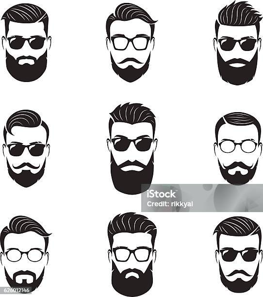 Set Of Vector Bearded Men Faces Hipsters With Different Hairstyles Stock Illustration - Download Image Now