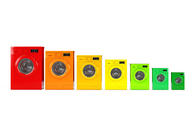 istock Washing Machine in Colours of Energy Efficiency Chart. 3d Render 626037580