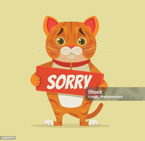 Sorry Cat Character Hold Apology Plate Stock Illustration - Download Image Now - Reconciliation, Domestic Cat, Sadness