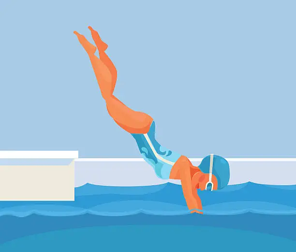 Vector illustration of Sport pool. Woman character dives