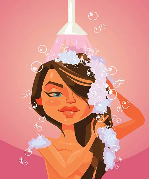 Vector illustration of Woman character taking shower. Vector flat cartoon illustration