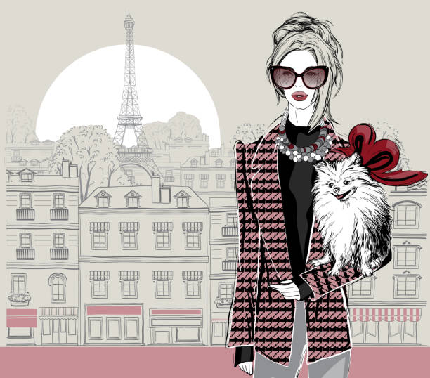 Fashion woman model with a little dog Fashion woman model with a little dog on Paris city background,  vector illustration paris fashion stock illustrations