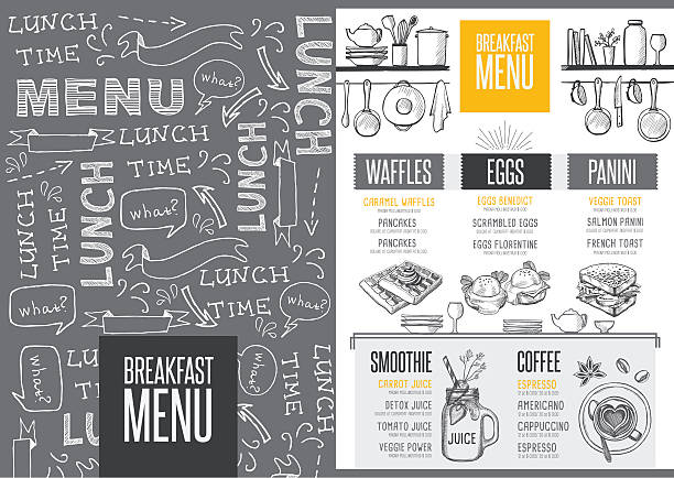 illustrations, cliparts, dessins animés et icônes de petit déjeuner de la carte du restaurant, nourriture template set de table. - oeuf poché