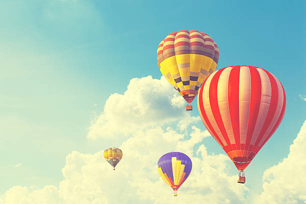 istock Hot air balloon on sun sky with cloud, vintage and 626056062