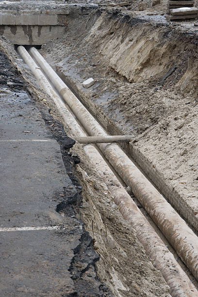 istock water pipes in ground during plumbing construction site pit trench 626056084