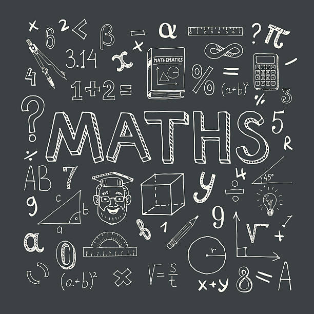 Mathematics background Maths hand drawn vector illustration with doodle mathematical formulas, numbers and objects, isolated on black background mathematics symbols stock illustrations