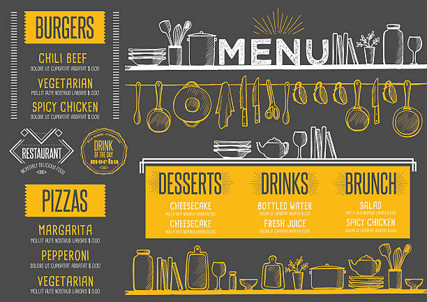 Menu restaurant, food template placemat. Restaurant menu placemat food brochure, cafe template design. Vintage creative dinner flyer with hand-drawn graphic. lunch designs stock illustrations