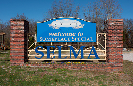 Selma, AL, USA - January 1, 2010: A welcome sign at the city limits of Selma, Alabama. Selma is best known for the 1960s Selma Voting Rights Movement and the Selma to Montgomery marches.