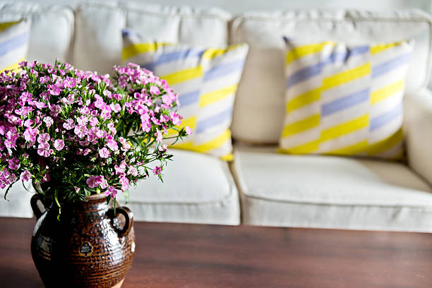 Terracotta pot with dianthus flowers on table living room.