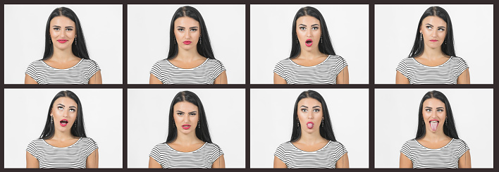 Eight picture collage of woman making many faces