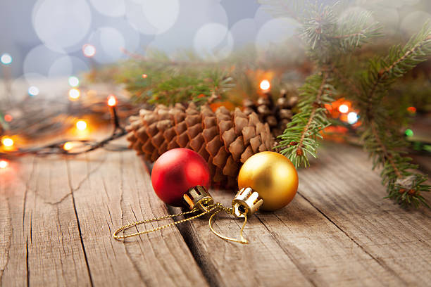 istock Christmas Tree and decorations on wooden background 626067228
