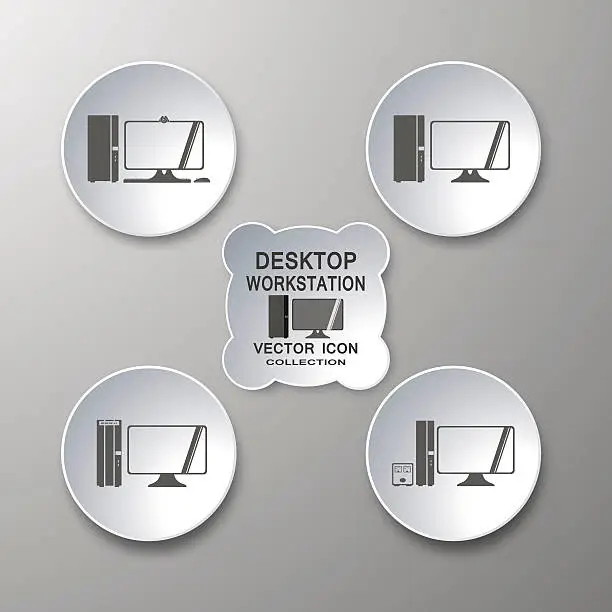 Vector illustration of Vector collection of desktop workstation icons in gray and white