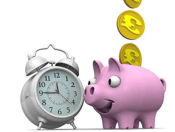 Time is money. Financial concept Alarm clock and piggy bank with a coin of the British pound sterling on a white surface. Financial concept. 3D illustration. Isolated piggy bank gold british currency pound symbol stock pictures, royalty-free photos & images