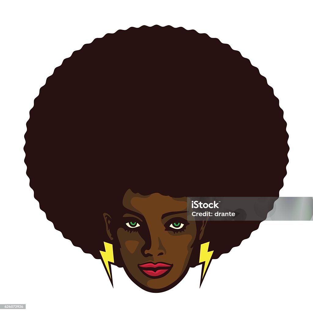 Groovy cool black woman face with afro hair vector illustration Black woman with afro hair and lightning bolt earrings vector illustration, determined groovy cool girl face Afro Hairstyle stock vector