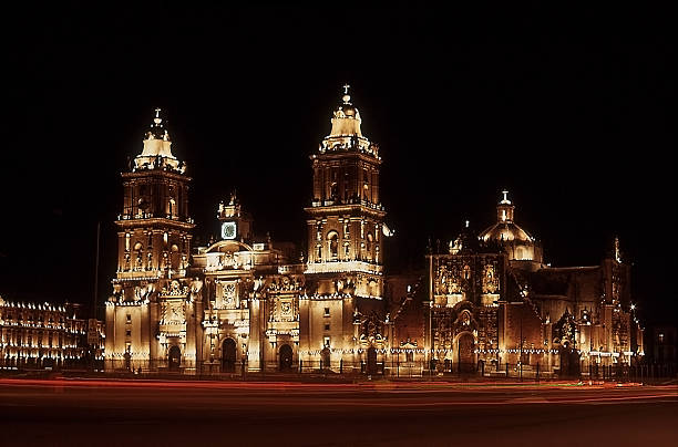 Metropolitan Cathedral, Mexico City, Mexico illuminated at night. Scanned film 1976.