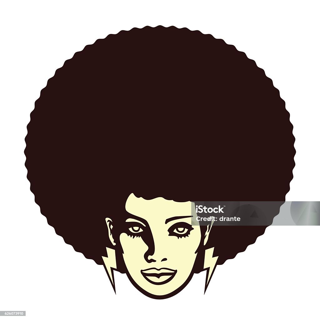 Groovy woman face with afro hairstyle vector illustration Funky cool african woman face with afro hairstyle  and lightning bolt earrings vector illustration Afro Hairstyle stock vector