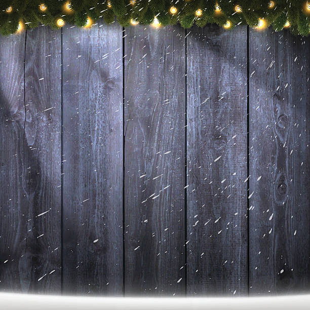 istock Light on blank wooden background with bright garland and snow 626078034