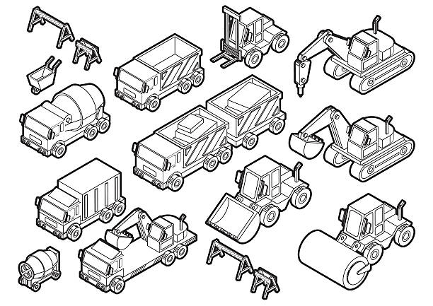 ilustracja info graficzne samochody budowlane ikony zestaw koncepcji - asphalt truck transportation mode of transport stock illustrations