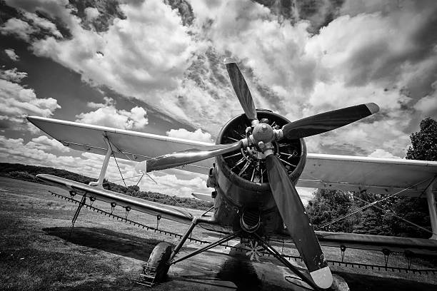 istock Old airplane on field in black and white 626079714