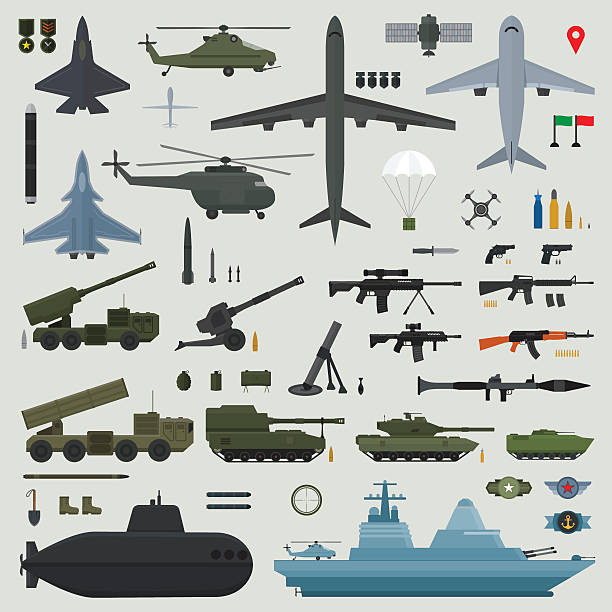illustrazioni stock, clip art, cartoni animati e icone di tendenza di armi militari dell'esercito - military air vehicle