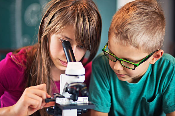 istock Boy and girl using microscope on biology lesson 626087416