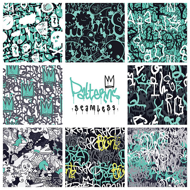 Graffiti seamless patterns set Big set of seamless patterns, graffiti style, king of style. Original youth seamless patterns, repeating image for using pattern on any items, T-shirts, wallpaper, curtains crazy graffiti letters stock illustrations