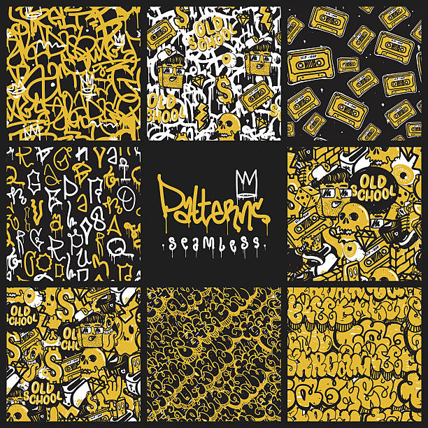 Graffiti seamless patterns set Big set of seamless patterns, graffiti style, king of style. Original youth seamless patterns, repeating image for using pattern on any items, T-shirts, wallpaper, curtains tattoo seamless texture stock illustrations