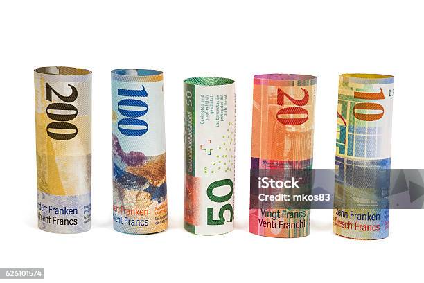 Set Of Rolled Swiss Franc Banknotes Stock Photo - Download Image Now - Swiss Currency, Currency, Cut Out