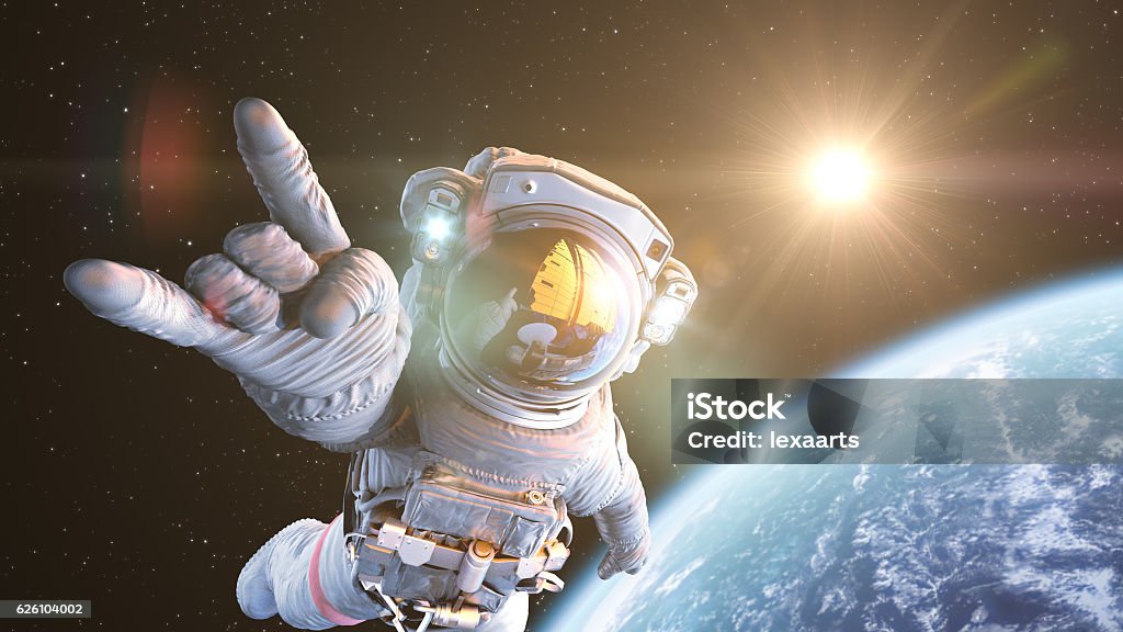 Rock`n Space Rock`n Space, Astronaut in orbit. 3d render Astronaut Stock Photo