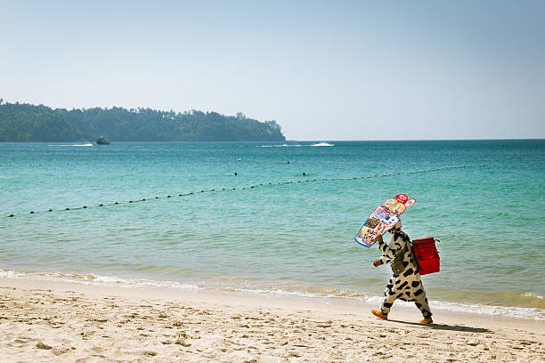 Phuket, Thailand - December 22, 2013: A man wearing a cow costume selling ice cream in Bangtao beach, Thailand.