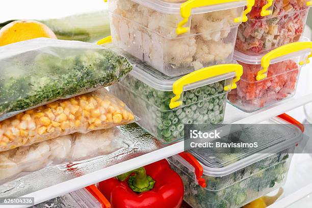 Frozen Food In The Refrigerator Vegetables On The Freezer Shelves Stock Photo - Download Image Now