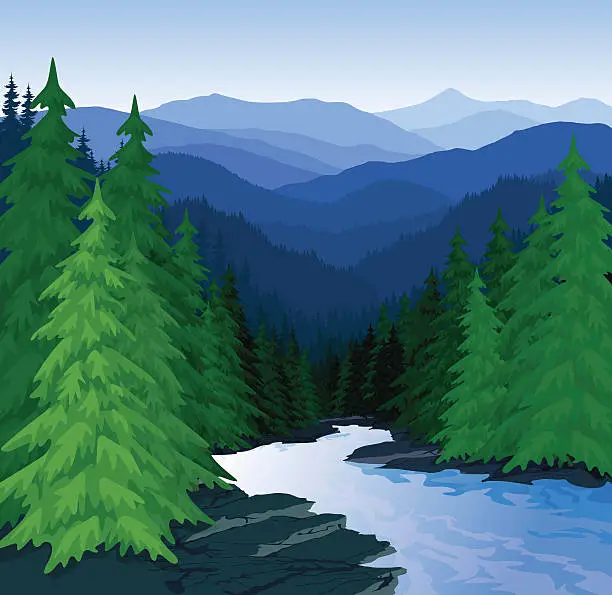 Vector illustration of vector evening in beautiful mountains forest with river