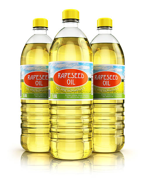 istock Group of plastic bottles with rapeseed oil 626118368