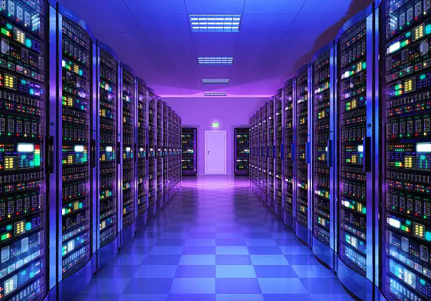 Modern web network and internet telecommunication technology, big data storage and cloud computing computer service business concept: 3D render illustration of the server room interior in datacenter in blue light