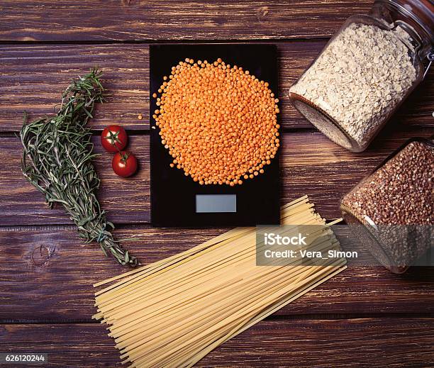 Cooking Ingredients On The Table Stock Photo - Download Image Now - Pasta, Weight Scale, Backgrounds