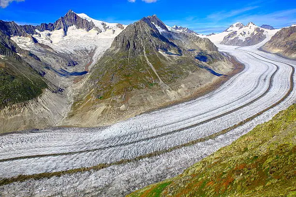 Above Aletsch Glacier tongue crevasses from above, Valais, Swiss Alps