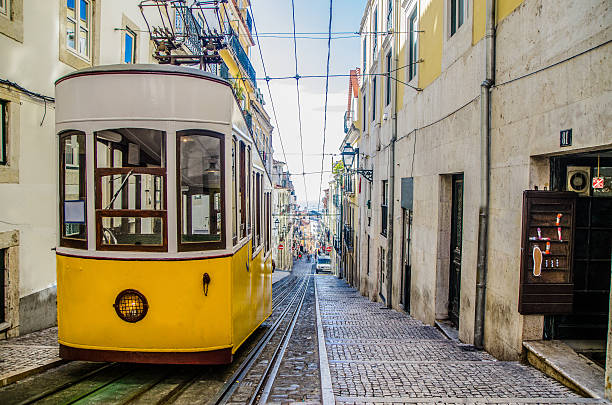 istock Yellow and white tramway stopped at top of hill 626132360