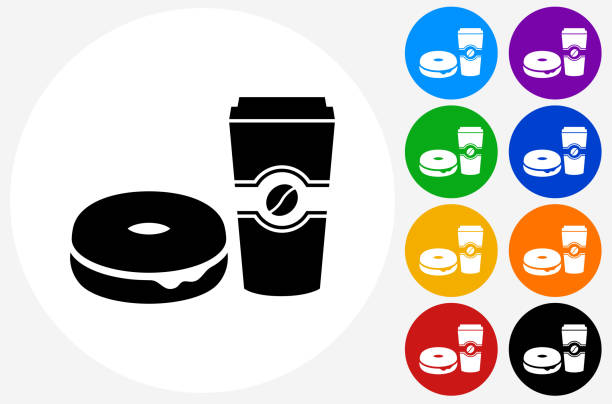 ikona bajgla i kawy na płaskich przyciskach koła - design element circle computer graphic coffee stock illustrations