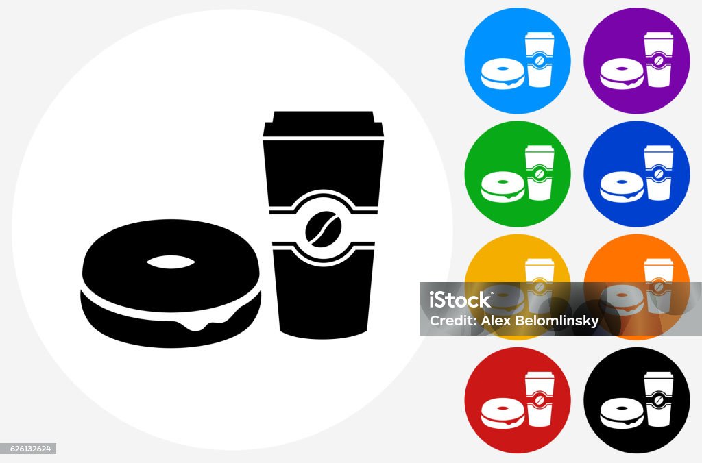 Bagel and Coffee Icon on Flat Color Circle Buttons Bagel and Coffee Icon on Flat Color Circle Buttons. This 100% royalty free vector illustration features the main icon pictured in black inside a white circle. The alternative color options in blue, green, yellow, red, purple, indigo, orange and black are on the right of the icon and are arranged in two vertical columns. Icon Symbol stock vector