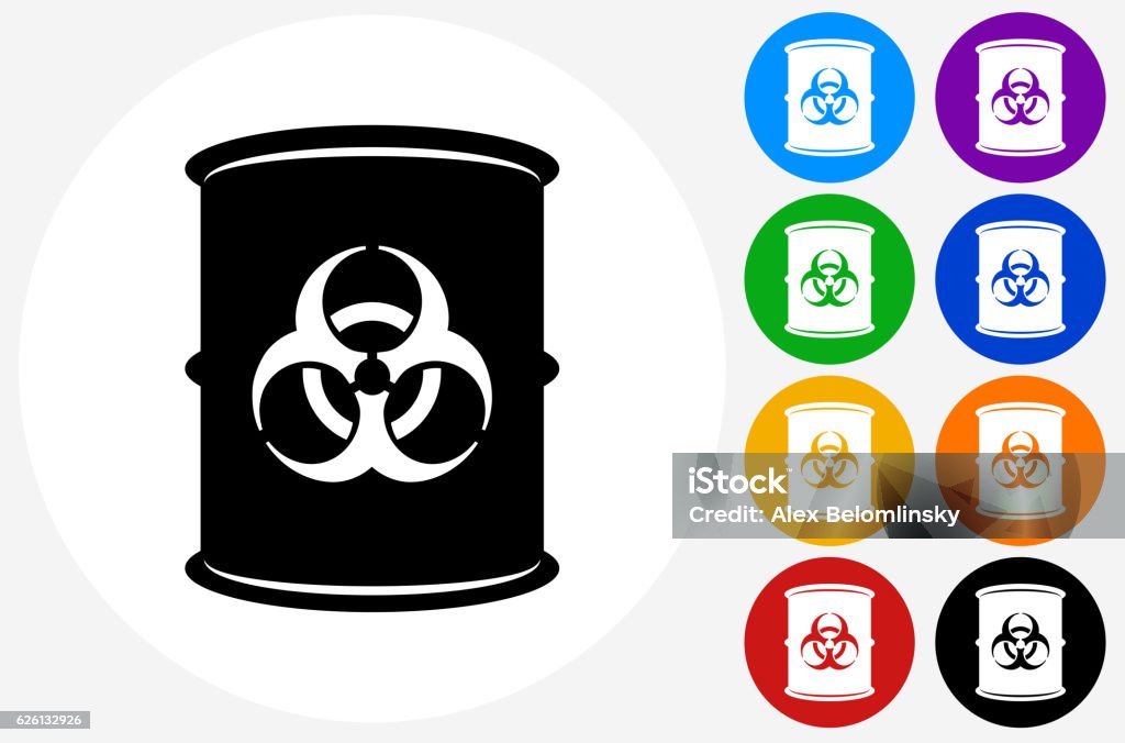 Biohazard Icon on Flat Color Circle Buttons Biohazard Icon on Flat Color Circle Buttons. This 100% royalty free vector illustration features the main icon pictured in black inside a white circle. The alternative color options in blue, green, yellow, red, purple, indigo, orange and black are on the right of the icon and are arranged in two vertical columns. Barrel stock vector