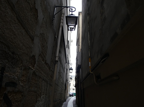 Paris, France-November 23,2016:Rue de Chat-qui-peche is the narrowest street in Paris. Its width is only 6 feet(1.8m) and its length is 26m..