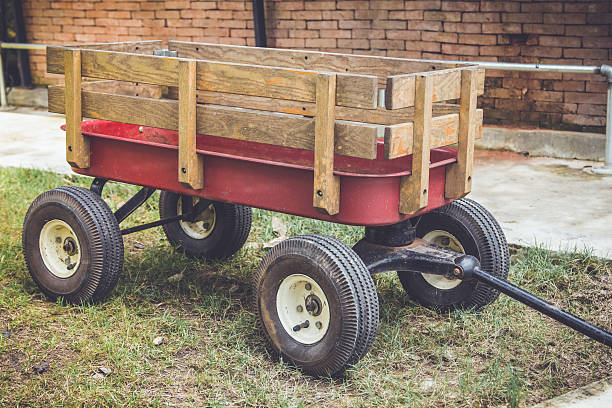 Decorative wooden cart standing on a green lawn against the background of thuja