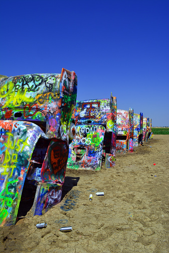 Amarillo, United States - June 18, 2016: The row of cars at Cadillac Ranch in Amarillo, Texas on June 18, 2016