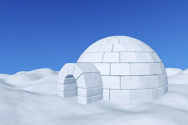 Winter north polar snowy landscape - eskimo house igloo icehouse made with white snow on the surface of snow field under cold north blue sky 3d illustration