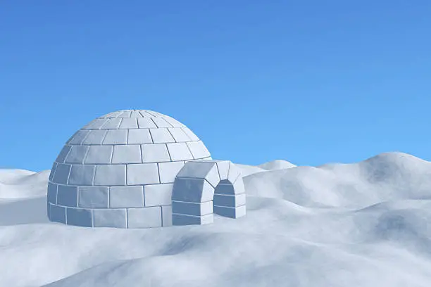 Winter north polar snowy landscape - eskimo house igloo icehouse made with white snow on the surface of snow field under cold north blue sky closeup view 3d illustration